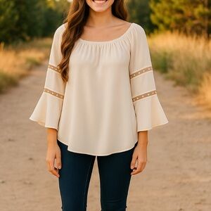 Women's MSK Cream Off-Shoulder Blouse with Pearl Detail Size L